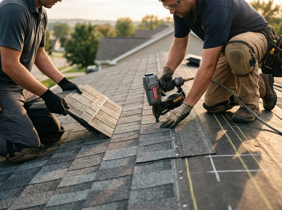Professional roofer working on a residential roof in Fort Wayne